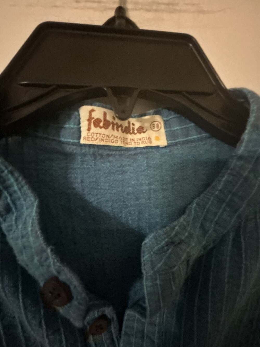Fabindia Blue Cotton Textured Short Kurta Henley Shirt